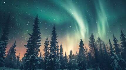 Wall Mural - AI generated illustration of northern lights in a snow-covered forest with green aurora borealis