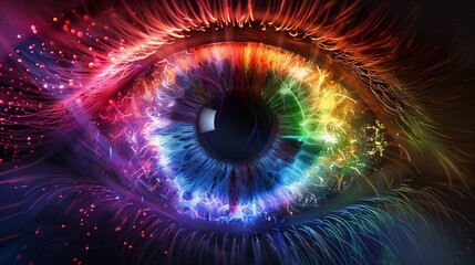 Wall Mural - AI generated illustration of a vibrant eye with glowing lights in the backdrop