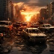 Cityscape consisting of destroyed vehicles and buildings in disrepair at sunset, AI-generated.