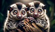 Two adorable lemurs with large, expressive eyes clinging to a tree branch