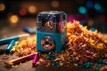 AI Generated Illustration Of A Blue Pencil Sharpener Surrounded By Colorful Shreds