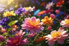 AI Generated Illustration Of A Vibrant Array Of Flowers Swaying In The Wind In A Sun-drenched Meadow
