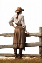 Old West Woman Wearing A Cowboy Hat Standing By A Fence, AI-generated.