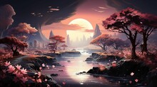 AI Generated Illustration Of A Scenic View Of A River, With Pink Trees And Flowers At Night