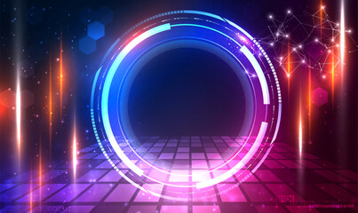 Sticker - Neon Sci Fi futuristic circular interface technology background with glowing laser beams. Hologram portal swirl light of science futuristic. Circle teleport podium. Warp gate. HUD tech circle. Vector.