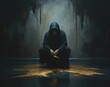 A Dark Illustration of a Mysterious Hooded Figure in a Sitting Position, Desolation and Melancholy Concept, AI Generative