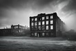 AI generated illustration of fog enveloping deserted factory ruins