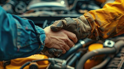 Two men shake hands in a dirty environment