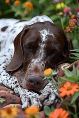 Poster - A dog is sleeping on a blanket with flowers in the background