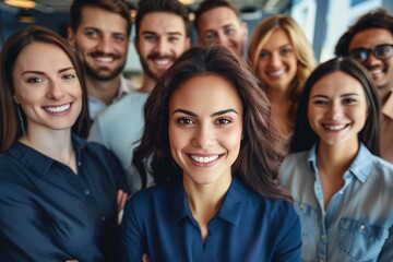 A group of professionals stands together, smiling warmly and looking directly at the viewer.