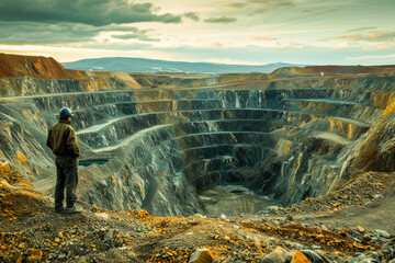 A lone worker gazes upon the enormous layers of an open-pit mine under overcast skies, illustrating extraction industry