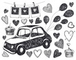 Vector doodle wedding, romantic, love illustration. Set of black and white elements, retro card, air balloons, hearts, cakes, pictures, Save the date graphic