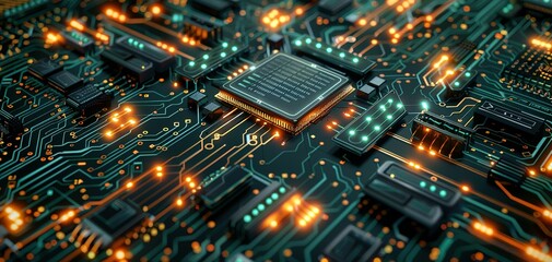 Abstract circuit board with a lot of micro chips.3d illustration computer processor circuit board for server.