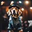 AI generated illustration of An adorable canine wearing a hat with a blurry background