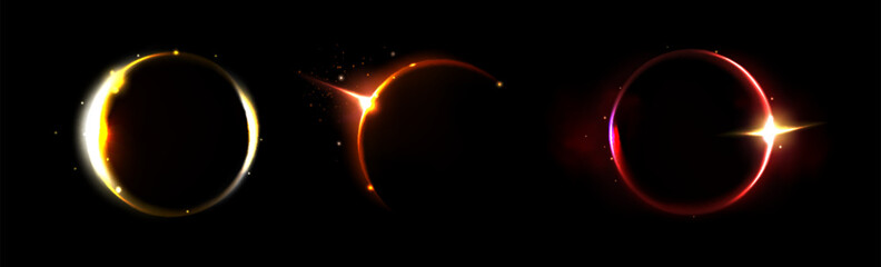 Wall Mural - solar eclipse and moon light neon ring vector. fire glow in halo. galaxy effect on fantasy sphere in