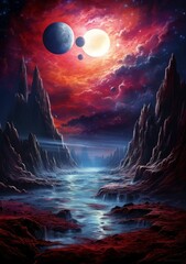 Canvas Print - AI generated illustration of surreal extraterrestrial planets in a cosmic landscape