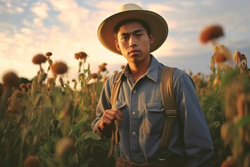 Wall Mural - AI generated illustration of a young man in a lush green field wearing a hat