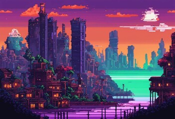 Wall Mural - a sunset scene in a city pixel style with skyscrapers and boats