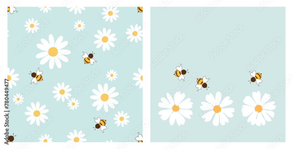 Seamless pattern with bee cartoons and daisy flower on green mint ...