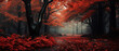 Red autumn forest, dramatic view, leaves on the ground.