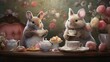 AI generated illustration of adorable bunny rabbits sitting at tea cups with a bright background