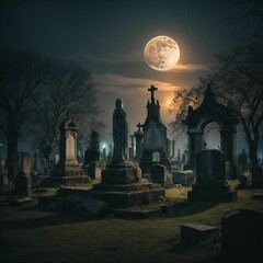 Wall Mural - AI generated illustration of an eerie graveyard illuminated by the light of a full moon