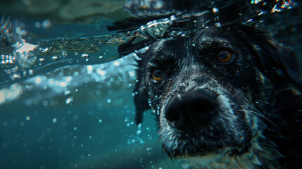 a black dog swimming under a blue surface in the water