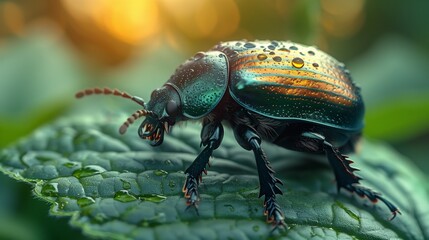 Sticker - a beetle is on a green leaf in the sunlight and the background is blurry