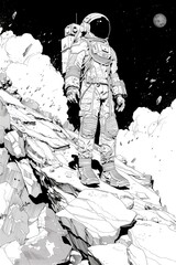 an astronaut with a helmet and spacesuit standing on a pile of snow