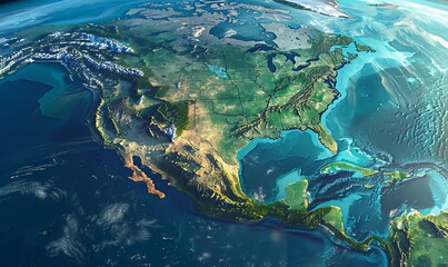 Wall Mural - High-res 3D physical map showcasing North America's USA, Canada, and Mexico, including detailed features