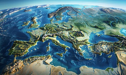 Wall Mural - High-res physical map showcasing Western Europe's terrain. Detailed satellite view of Earth's geography and topography in 3D