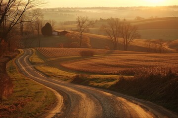 Wall Mural - AI generated illustration of Scenic rural road at sunrise flanked by trees and hills