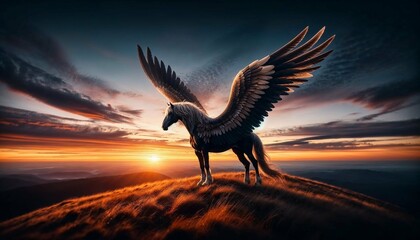 Wall Mural - majestic winged horse at dusk - ai generated digital art