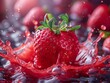 The strawberry in juice, strawberry juice splashes from a cut strawberry, splashes of strawberry juice