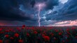 Nature's drama unfolds as a fierce lightning bolt cleaves the sky above a field of red poppies