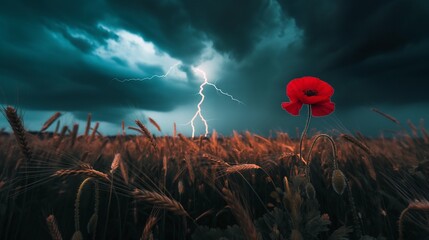 Sticker - a lone red poppy stands resilient against the darkened sky