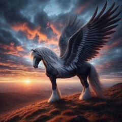 Wall Mural - majestic winged horse at sunset - ai generated digital art