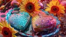 Two Cakes Covered In Colored Frosting On A Table With Sunflowers
