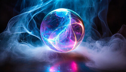 Wall Mural - surreal beauty of neon-lit sphere with smoke on backdrop. abstract glowing ball with magical energy.