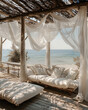 Wooden Mediterranean Patio with veil curtains and sofa, on a sand beach