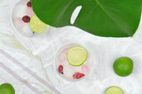 Fototapeta Kwiaty - Summer drinks decorated with fruits on a table, monstera leaf. Green, pink and red colors.