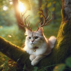 Wall Mural - Whimsical Cat with Antlers in Enchanted Forest - AI generated digital art