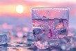 a close up of a glass of water with ice cubes and water droplets on a table with a blurry background of ice cubes and a pink sky.