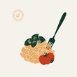 Penne pasta with tomato and basil. Italian food illustration. Vector illustration