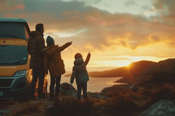 A family on a roadtrip with a campervan