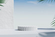 Product display stand and tropical palm leaves with white plaster wall and blue sky background. 3D rendering	