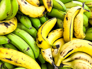 Full frame background of many fresh yellow bananas placed on stall of market