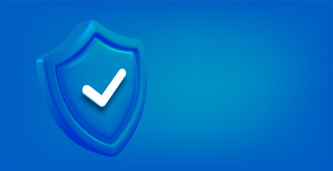 Aufkleber - Blue shield with checkmark. 3d vector banner with copy space