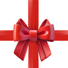 Aufkleber - Red ribbon with a bow on the top of square gift box. Design template. 3d vector illustration