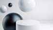 realistic empty cylinder podium with 3d black and white glossy matte spheres flying